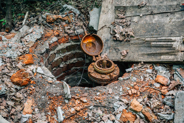 vecchia miniera abbandonata di mattoni arrugginiti, tubo dell'acqua arrugginito - water pipe rusty dirty equipment foto e immagini stock