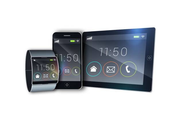 istock Futuristic black wrist watch with tablet and smartphone 835417128