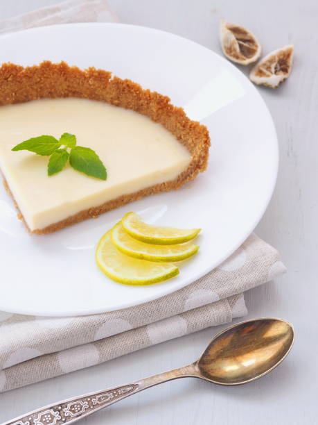 istock Old fashioned custard pie with white chocolate and key lime. 835422388