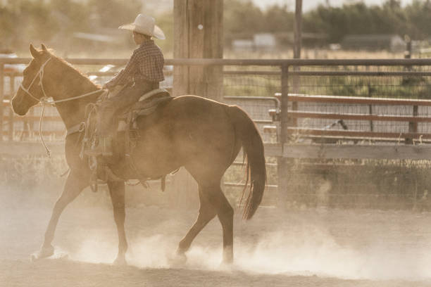 istock One young boy riding his horse on a ranch. 835424098