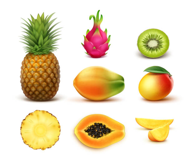 ilustraciones, imágenes clip art, dibujos animados e iconos de stock de conjunto de frutas tropicales - papaya fruta tropical