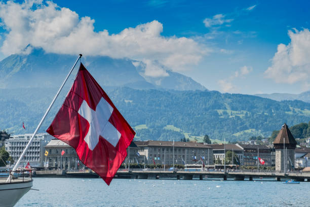 istock Lucerne cityscape swiss flag 835482100