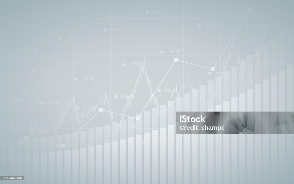 Abstract financial chart with up trend line graph, bar chart and numbers in stock market on gradient gray color background Pattern stock vector