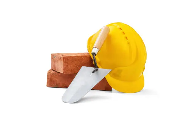 Mason tools -Trowel, bricks and helmet on white background, Clipping Path