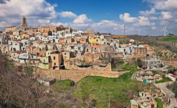 Grottole, Matera, Basilicata, Italy: landscape of the old town on the hill and the countryside