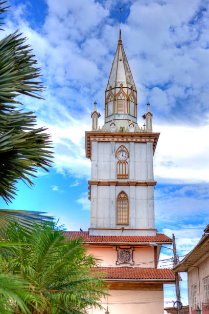 Steeple of the old Cathedral of Zaruma on an overcast afternoon. Zaruma, El Oro, Ecuador