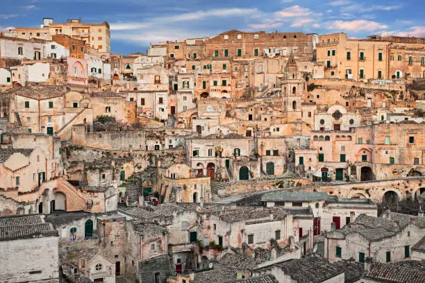 Matera, Basilicata, Italy: cityscape at sunrise of the picturesque old town (sassi di Matera) with the characteristics ancient tuff houses