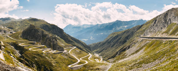 Panoramic view of Swiss Alps with winding road