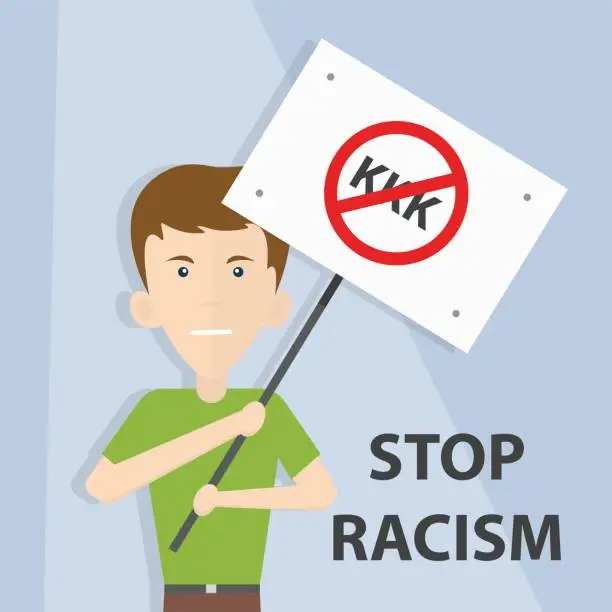 Vector illustration of white man in a T-shirt and jeans holds a poster