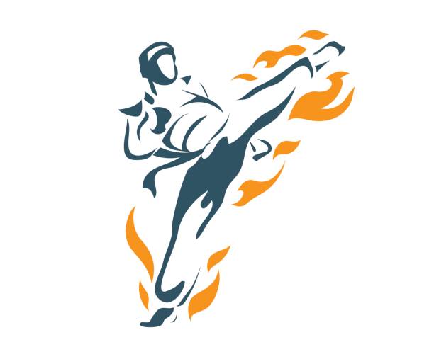 illustrazioni stock, clip art, cartoni animati e icone di tendenza di aggressivo professionista taekwondo atleta flying kick - kicking tae kwon do martial arts flying