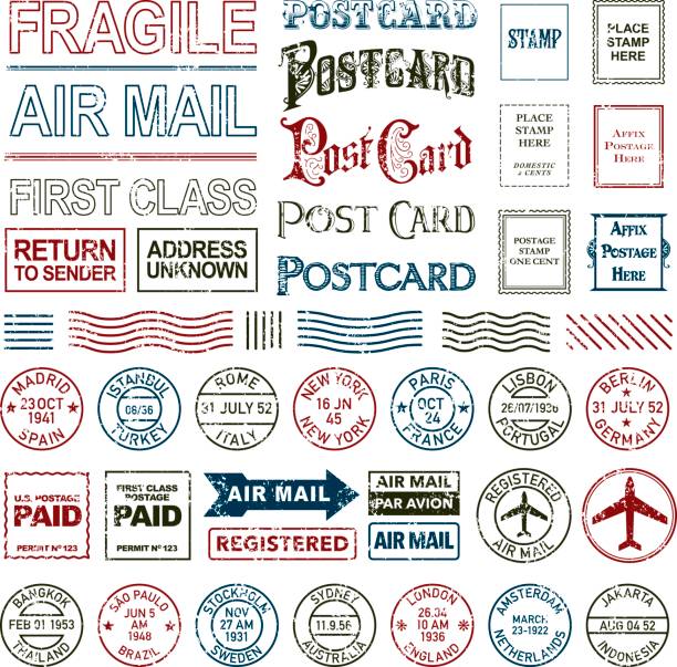 vintage porto und poststempel-icon-set - air mail envelope letter mail stock-grafiken, -clipart, -cartoons und -symbole