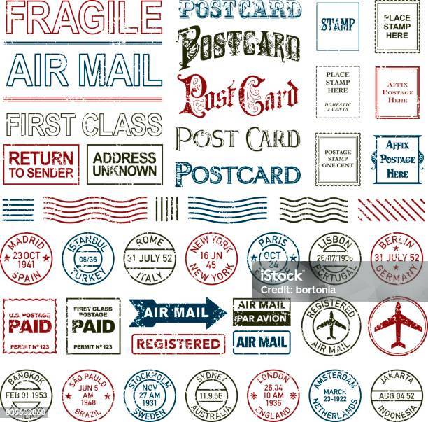 Vintage Postage And Postmark Icon Set Stock Illustration - Download Image Now - Postage Stamp, Rubber Stamp, Postcard