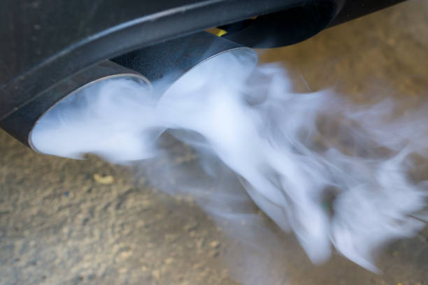 Emissions of a starting diesel engine stock photo