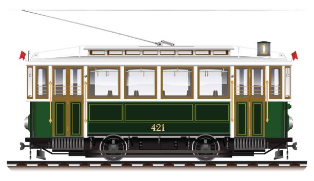 An old biaxial tram of green color. City Ecological transport. An old biaxial tram of green color. City Ecological transport. Side view. tram stock illustrations