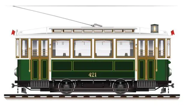 Vector illustration of An old biaxial tram of green color. City Ecological transport.