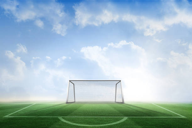 istock Football pitch and goal under blue sky 835604882