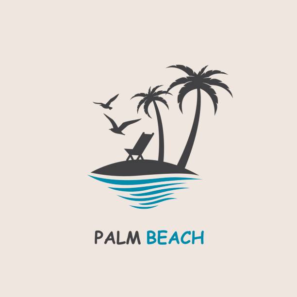palm beach icon icon with palm trees silhouette on island palm icon stock illustrations