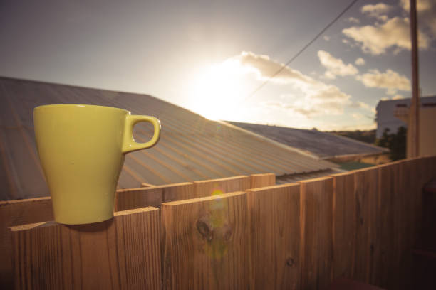 istock sunset and wood wall and a little cup 835639878