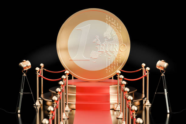 podium mit euro-münze, 3d rendering - coin award winners podium podium stock-fotos und bilder
