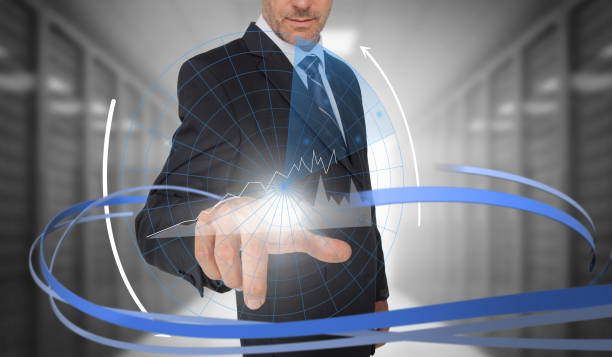 istock Businessman touching graph on futuristic interface with swirling lines 835644562