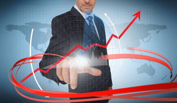 istock Businessman touching graph on futuristic interface with red arrow 835644606
