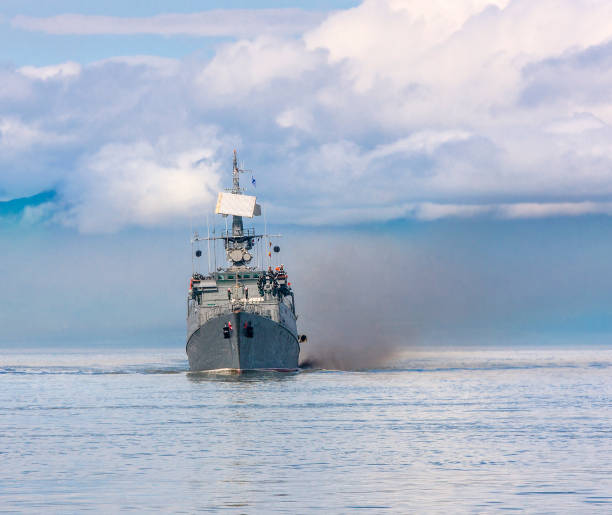 istock Russian warship going along the coast 835665976