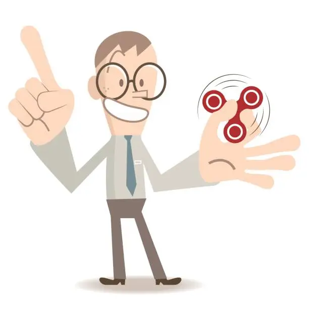 Vector illustration of One smiling man with eyeglasses (young adult, businessman) showing, teaching, playing, spinning Fidget Spinner game, index finger pointing upward