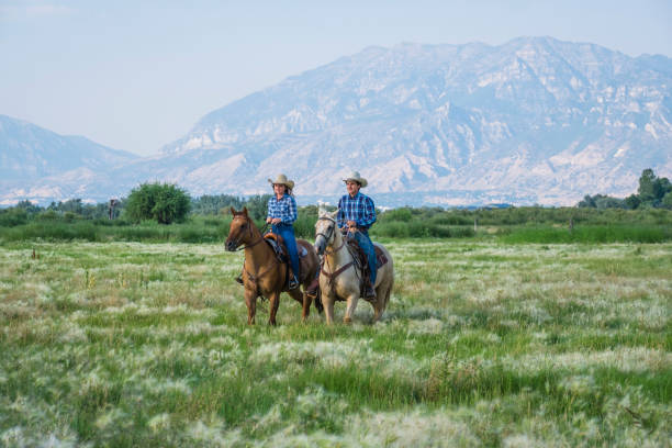 istock Young Cowboy And His Girlfriend Riding In Long Grass 835710578