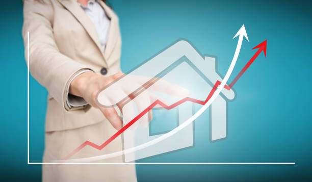 istock Businesswoman touching futuristic house interface with graph 835717102