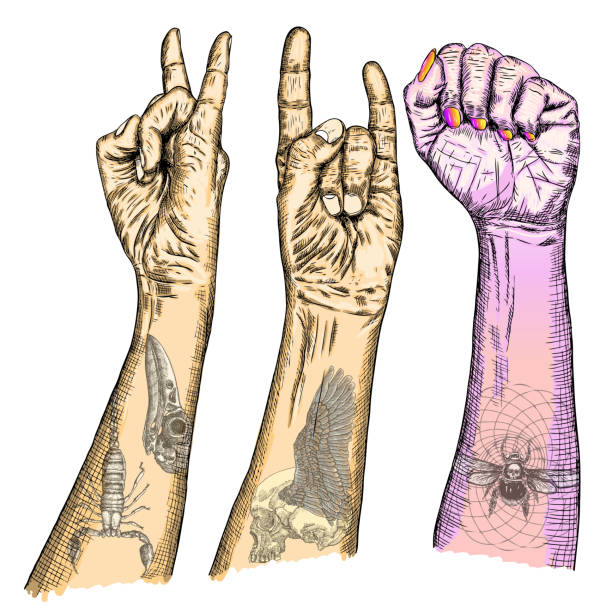 Set of Rock and Roll music hand sign. Hand drawn girl and guy style fist demon symbol. Female and male wrist evil finger gesture. Woman and man hands with flesh tattoos showing Satan sign. Vector. Vector. forearm tattoos men stock illustrations