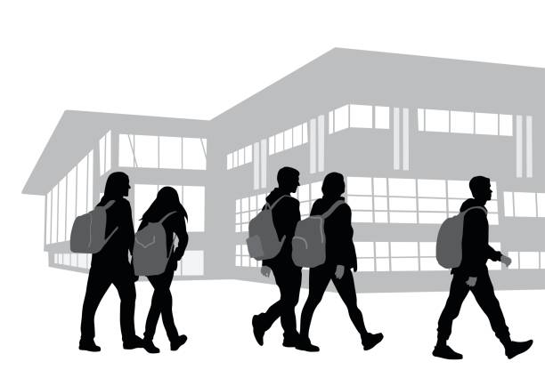On Our Way To School Back to school vector illustration of silhouette students walking on campus carrying backpacks crowd of people clipart stock illustrations