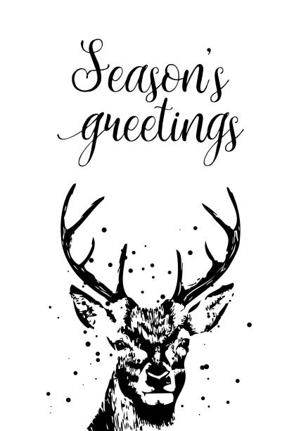 istock Merry Christmas and Seasons Greetings card with brush calligraphy and handdrawn dear. Vector. 835727782