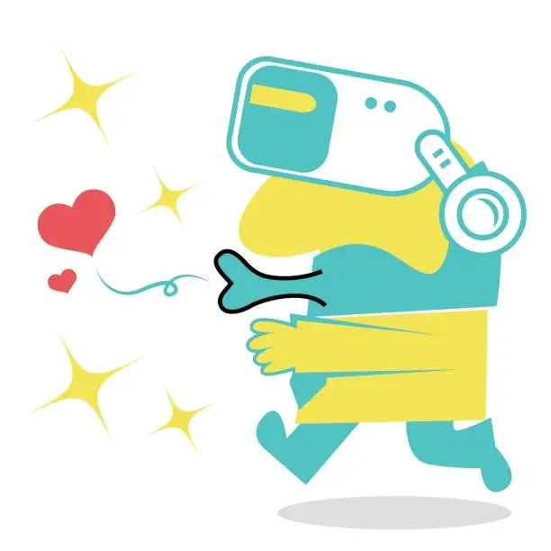 Vector illustration of Happy businessman (single man, bachelor, nerd) wearing Virtual reality glasses (VR interface), blowing a kiss (waft a kiss), solo date