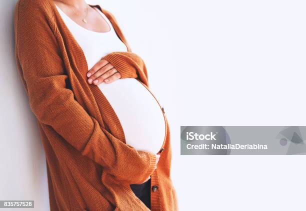 Schöne Schwangere Frau Berühren Den Bauch Mit Den Händen Auf Einem Weißen Hintergrund Stockfoto und mehr Bilder von Schwanger
