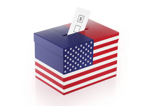 Ballot box textured with American flag. Isolated on white background. A vote envelope is entering into the ballot box. Horizontal composition with copy space. Great use for referendum and presidential elections related concepts. Clipping path is included.