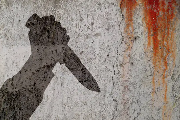 Photo of Human hand with killing knife silhouette in shadow on bloody cement wall background.