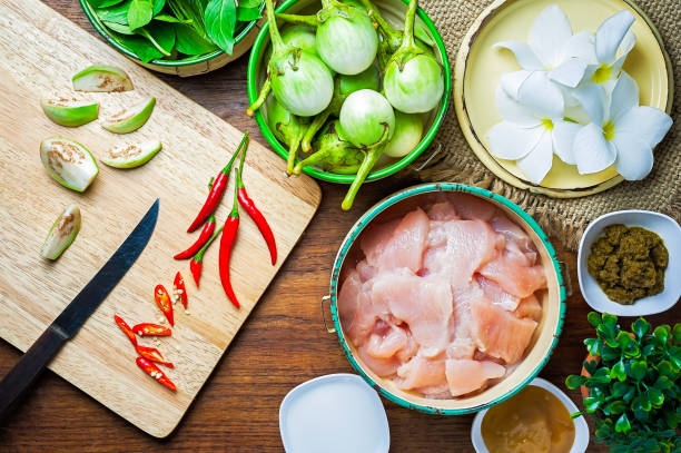 istock Ingredient of Thai green curry paste with chicken breast recipe 835765888