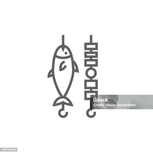 Shish Kebab And Grilled Fish Line Icon Stock Illustration - Download Image Now - Marinated, Baked, Barbecue - Meal