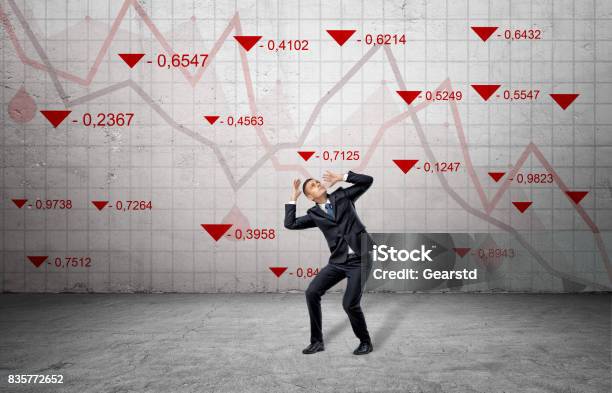A Scared Businessman Cowers Near A Concrete Wall With Red Stock Market Indexes And Falling Statistic Lines Stock Photo - Download Image Now