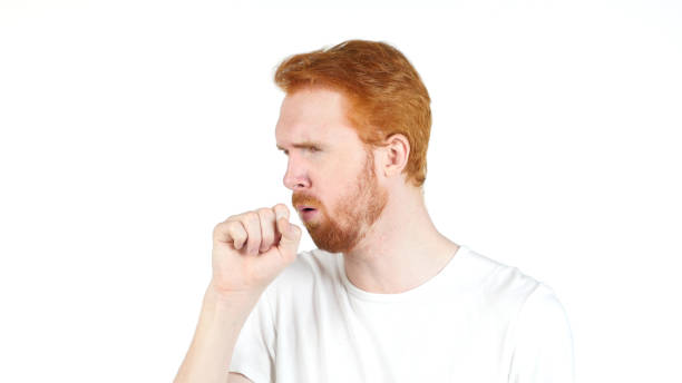 istock Young man suffering from a bad cough , portrait white backgroung 835776394
