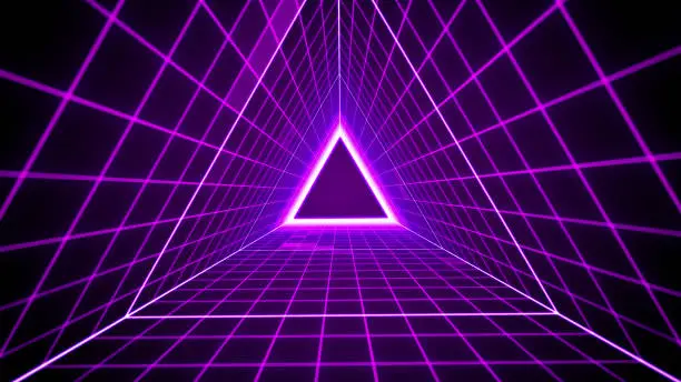 Photo of 80's retro style background with triangle grid lights