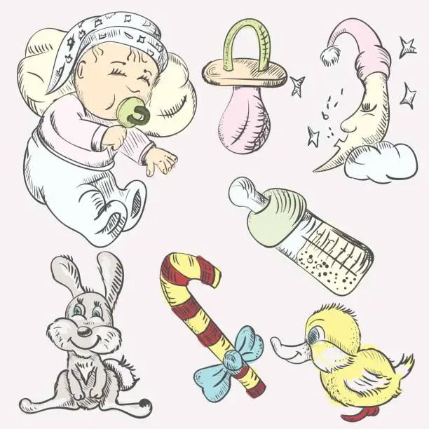 Vector illustration of Illustration of a sleeping baby and toys in a dream