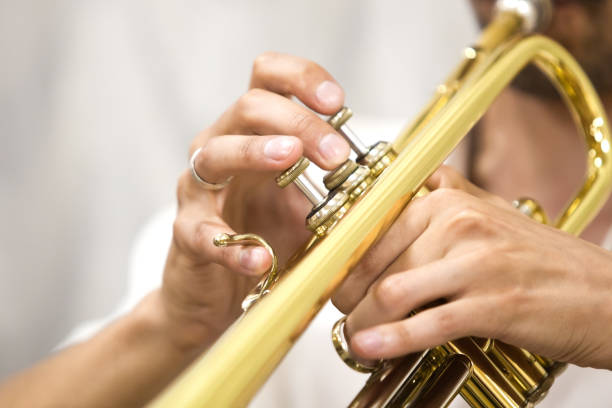 트럼펫 연주 음악가의 손 - close up musical instrument trumpet valve 뉴스 사진 이미지