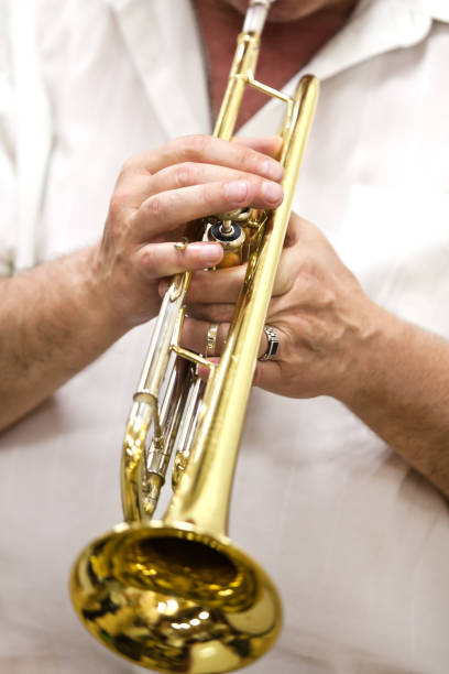 트럼펫 연주 음악가의 손 - close up musical instrument trumpet valve 뉴스 사진 이미지