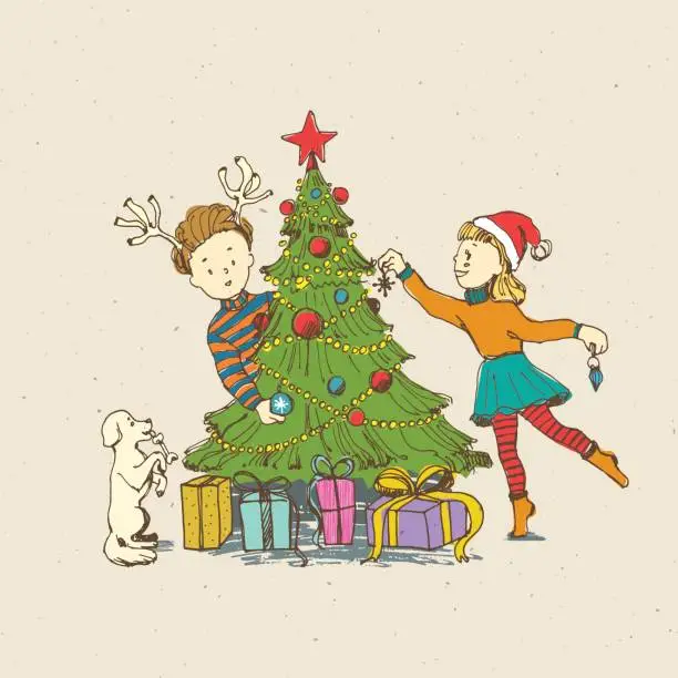 Vector illustration of Little kids boy and girl decorate a Christmas tree with funny puppy. Presents under tree, Vintage cartoon line art style. Hand drawn illustration.