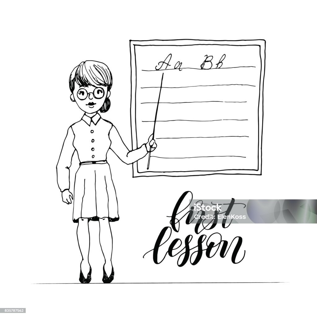 Teacher Teaching At Class On The Chalkboard With A Pointer First Lesson  Handwritten Lettering Black And White Simple Cartoon Image Stock  Illustration - Download Image Now - iStock