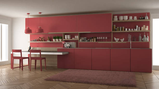 istock Minimalist modern kitchen with wooden details, table and chairs, red interior design 835791152
