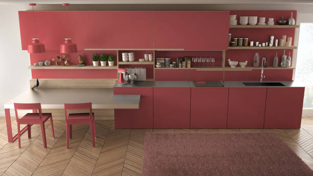 istock Minimalist modern kitchen with wooden details, table and chairs, red interior design 835791186