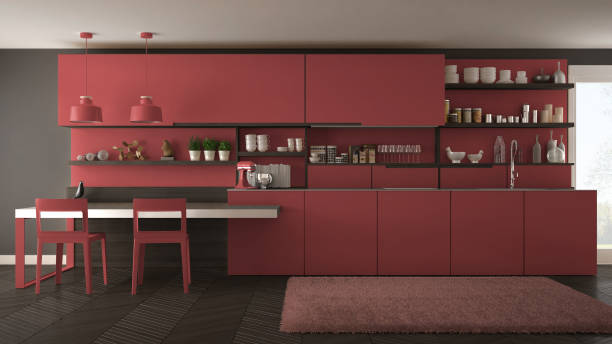 istock Minimalist modern kitchen with wooden details, table and chairs, red interior design 835791206
