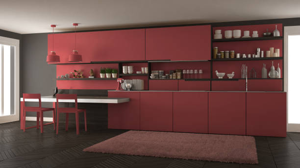 istock Minimalist modern kitchen with wooden details, table and chairs, red interior design 835791226